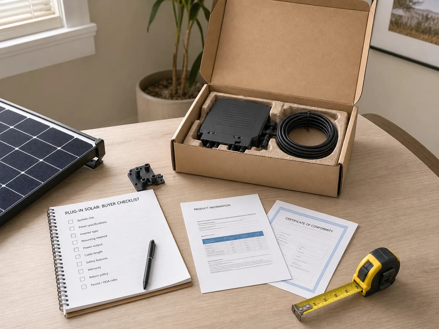 Plug-in solar kit components arranged on a desk for buyer evaluation