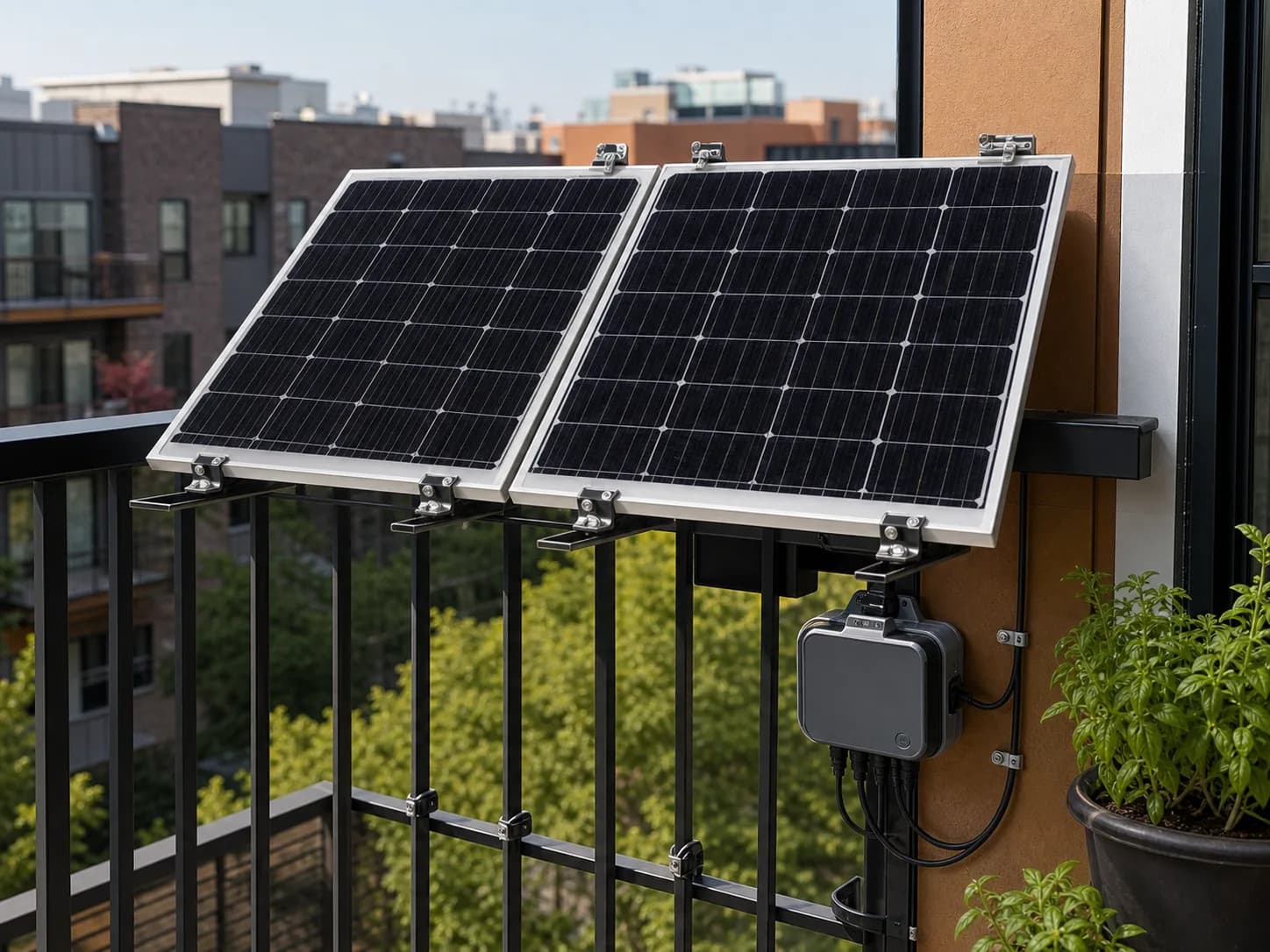 Compact balcony solar panels mounted on an apartment railing