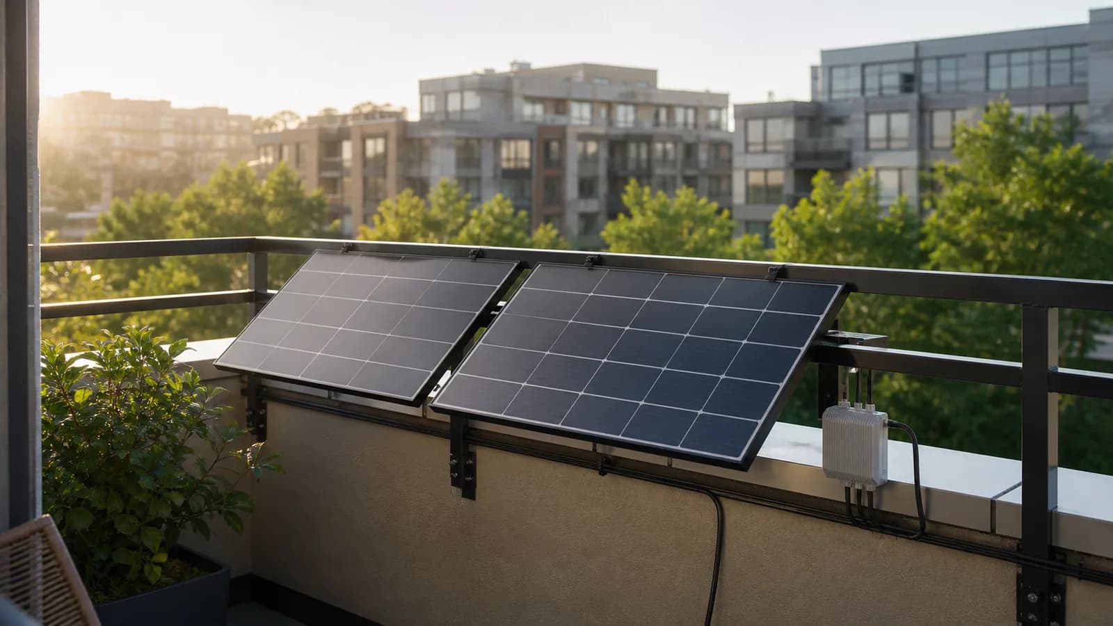 Balcony solar panels connected to an apartment, with the city behind