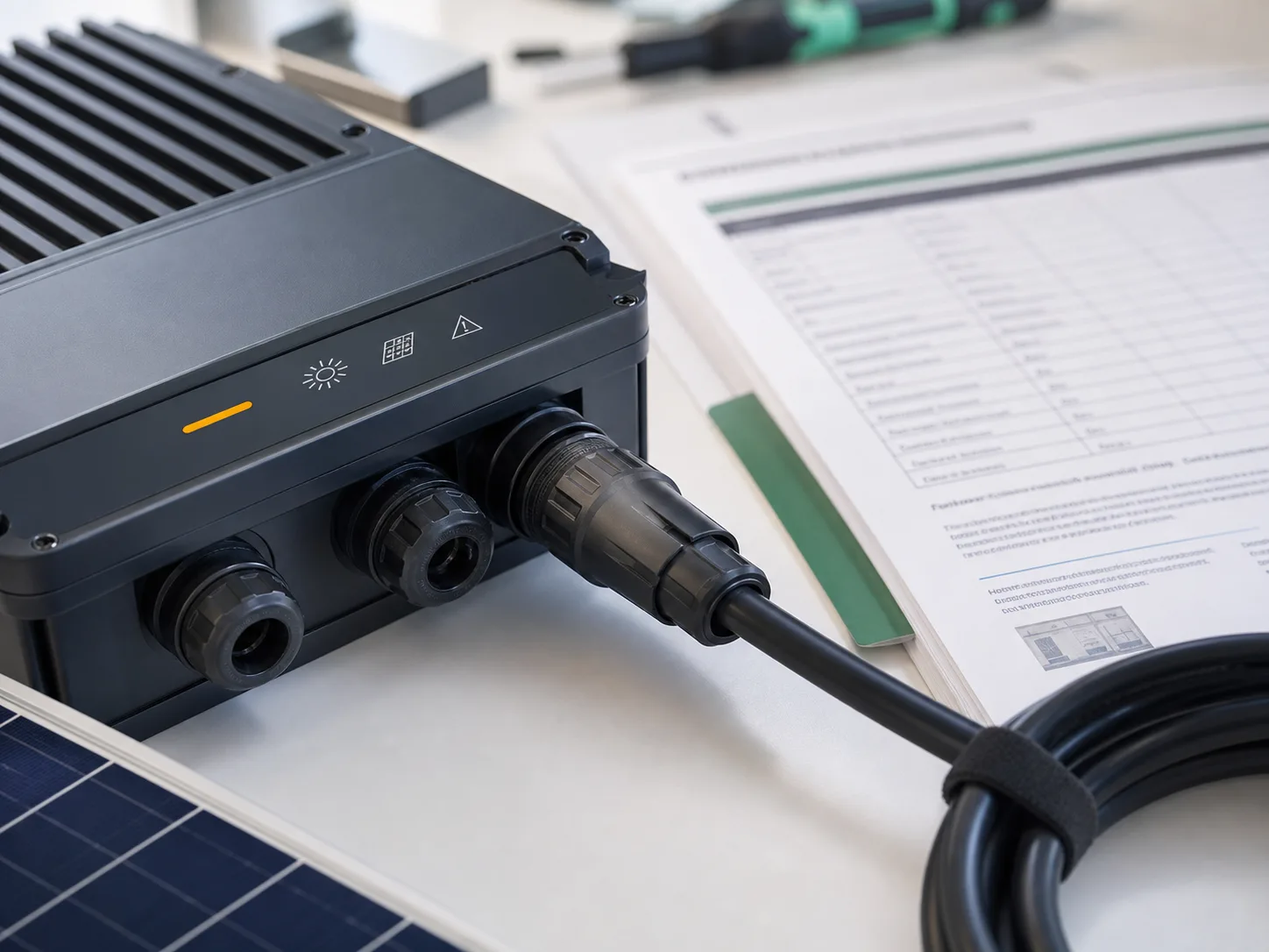 Plug-in solar control unit and connector on a clean workbench
