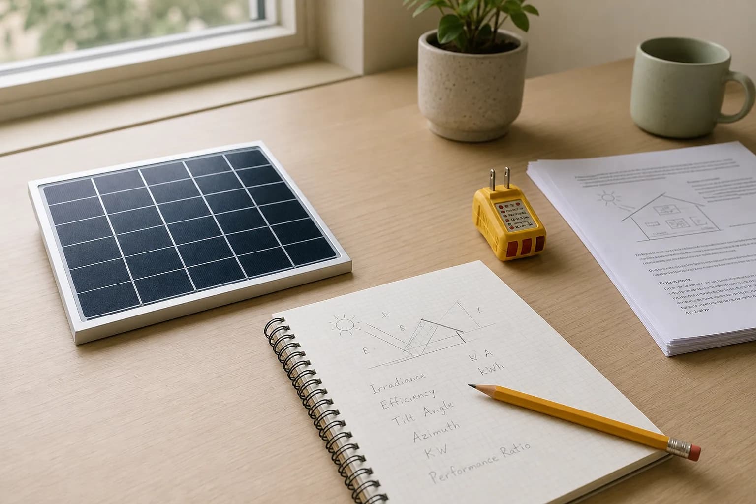 Small solar panel sample and planning notebook on a desk